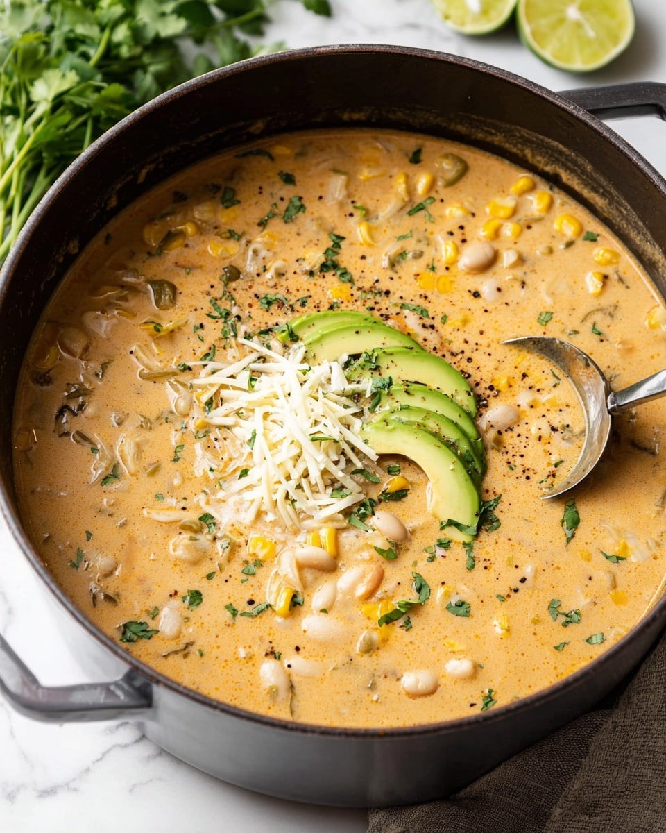 A large black pot filled with creamy light orange soup mixed with white beans, yellow corn, and bits of green herbs, with sliced green avocado and a small pile of white shredded cheese placed on top at the center. The soup surface shows small bubbles and some pepper sprinkled around with a silver ladle partially submerged on the right side. The pot is set on a white marbled surface with blurred green herbs and a sliced lime in the background. photo taken with an iphone --ar 4:5 --v 7