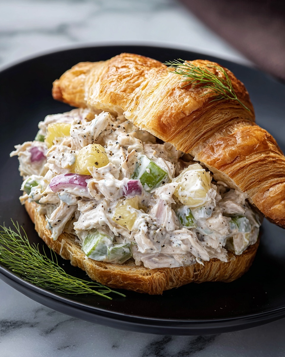 A flaky, golden-brown croissant is sliced open and filled with a creamy chicken salad that spills out slightly from the bottom. The salad is a mix of white shredded chicken, chopped red onions, light green celery pieces, and small chunks of yellow pineapple, all coated in a rich white mayonnaise dressing with specks of black pepper on top. A small green herb sprig, likely dill, rests on the salad, adding a fresh touch. The sandwich sits on a smooth, white plate that contrasts with the dark black serving dish beneath, all set on a white marbled surface photo taken with an iphone --ar 4:5 --v 7