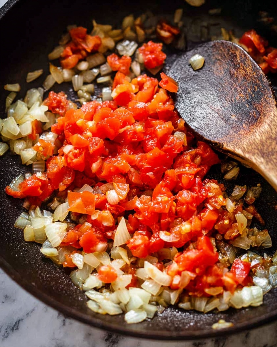 This image shows a close-up of a frying pan with a mix of chopped onions and bright red tomatoes being cooked together. The onions are small, translucent with a soft golden hue, spread mostly around the edges of the pan, while chunks of tomatoes are more central and vibrant with a slightly soft texture. A wooden spoon with a dark, worn surface rests in the upper right part of the pan, partly covered by the ingredients. The pan's surface is black with slight cooking marks visible. The background features a white marbled texture. Photo taken with an iphone --ar 4:5 --v 7