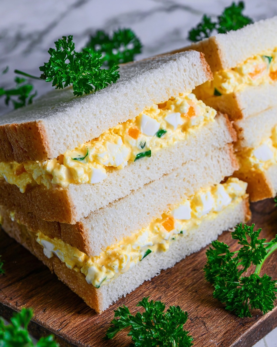The image shows four sandwich pieces arranged neatly on a wooden board with a handle on the top. Each sandwich has two layers of white bread with a yellowish egg salad filling in the middle. The egg filling has a slightly soft, crumbly texture. Fresh green parsley leaves are placed on top of each sandwich piece and around them on the board. The board rests on a white marbled surface with two brown eggs on the left side and green leafy herbs at the top left corner. Photo taken with an iphone --ar 4:5 --v 7