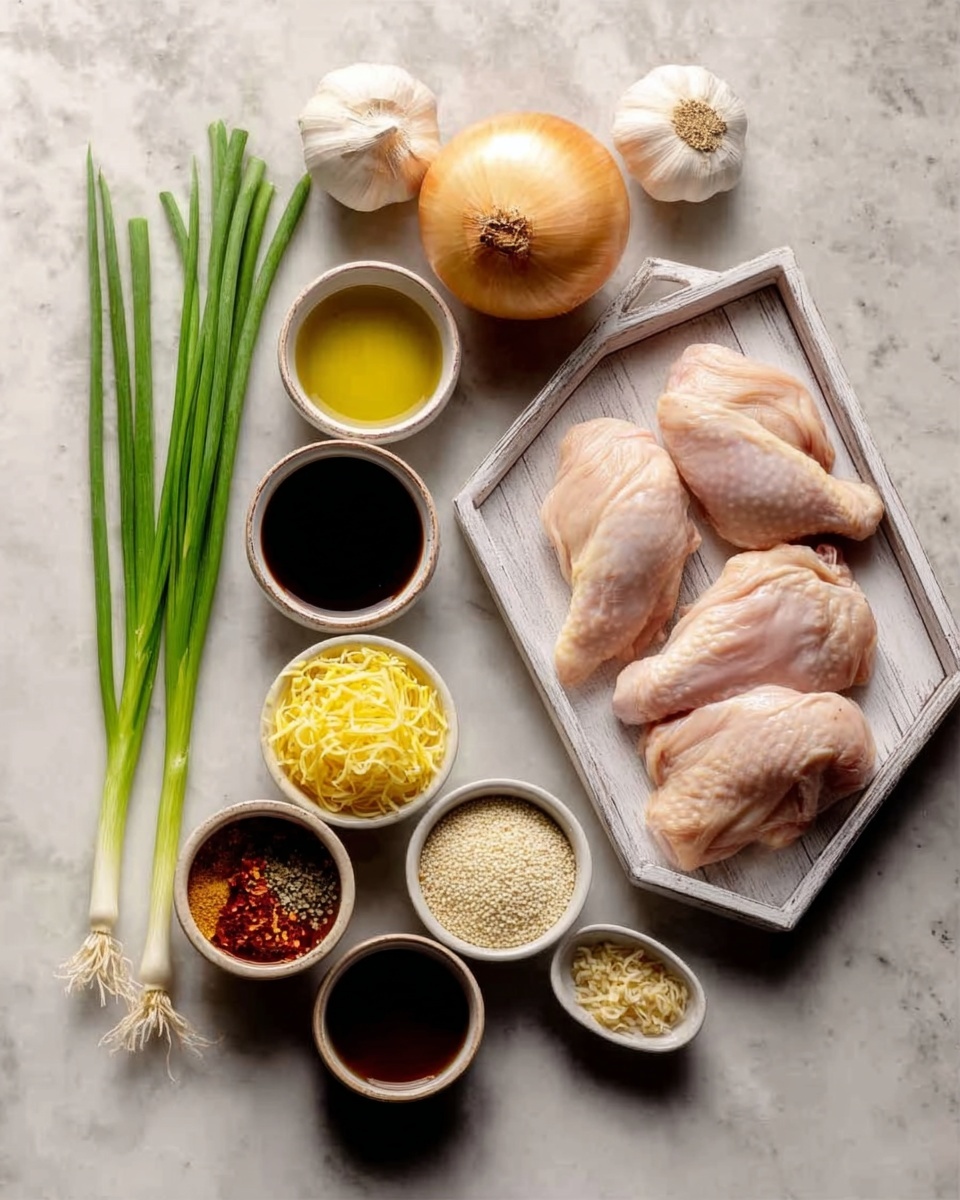 The image shows various cooking ingredients neatly placed on a white marbled surface. There are four raw chicken pieces on a small white wooden tray on the right side. Above them, an onion and two garlic cloves sit together. To the left, three green onions lay side by side. In the middle, seven small white bowls hold different ingredients: a dark brown sauce, a light yellow oil, a light-colored spice, some red chili flakes, shredded yellow egg, white sesame seeds, and a dark soy sauce. The colors range from light yellows and whites to dark browns and reds. Everything is arranged in a clean, organized way. photo taken with an iphone --ar 4:5 --v 7