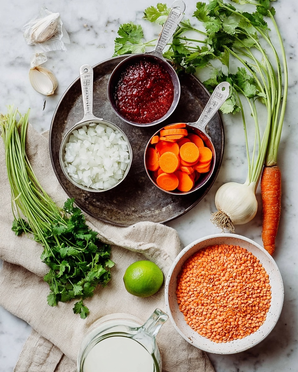 The image shows ingredients arranged on a white marbled surface, featuring a dark metal tray holding three metal measuring cups filled with bright orange carrot slices, white chopped onions, and deep red tomato paste, along with a whole lime and a garlic bulb resting beside the cups. Next to the tray is a bunch of fresh green cilantro with long stems spread out, a whole carrot with green tops placed on a beige cloth, and a white bowl filled with small orange lentils. In the lower right corner, there is a clear glass pitcher with a white liquid inside, likely coconut milk. Photo taken with an iphone --ar 4:5 --v 7