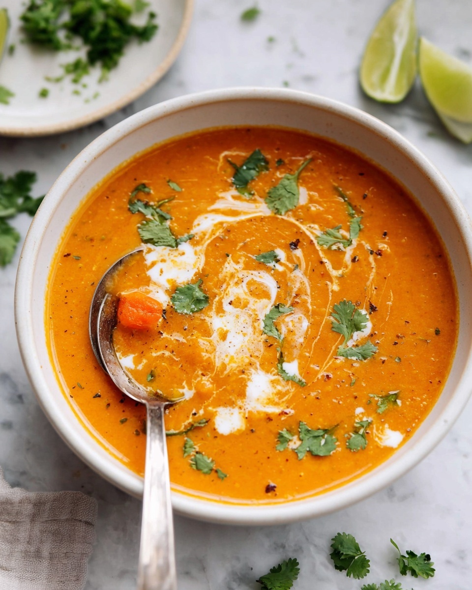 A white bowl filled with orange creamy soup that has small chunks of vegetables inside. The soup has a swirl of white cream on top, along with scattered green cilantro leaves. A silver spoon rests inside the bowl with a piece of carrot on it. The bowl is placed on a white marbled surface, with some green herbs and a white plate that has half a lime on it in the background. Photo taken with an iphone --ar 4:5 --v 7