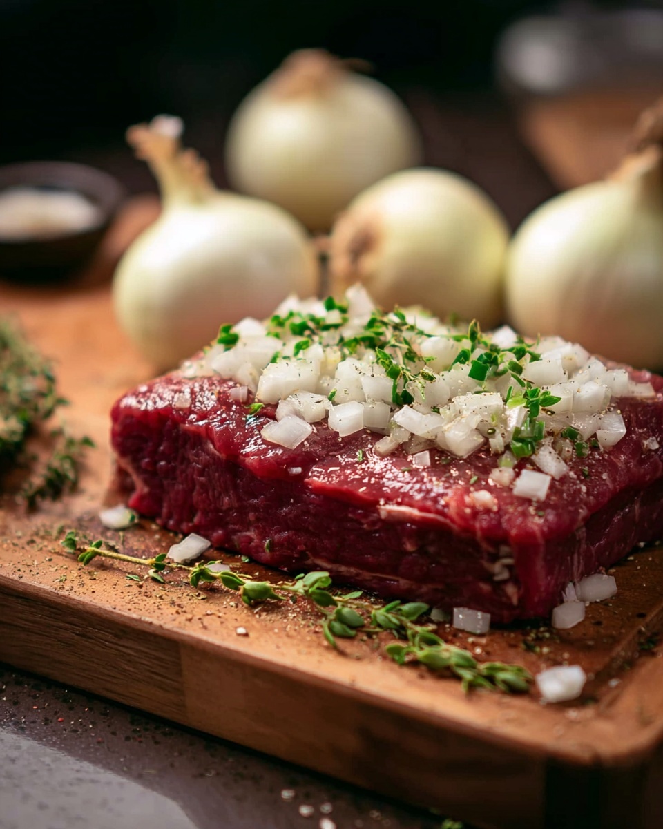 A thick red piece of raw meat sits on a wooden board, topped with a generous layer of small white onion pieces and sprinkled with green herb sprigs. Around the meat, there are several whole white onions, and the background has a soft blur, making the meat and onions the main focus. The texture of the meat is fresh and slightly moist, while the onions look crisp and finely chopped. photo taken with an iphone --ar 4:5 --v 7