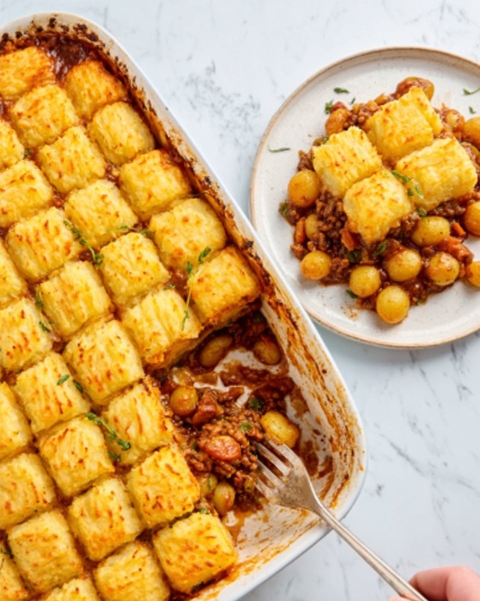 The image shows a white metal baking dish filled with a baked casserole made of golden brown mashed potato squares arranged in a grid on top, slightly crispy. One large serving is missing from the dish, revealing a thick, meaty filling mixed with small round potatoes and sauce below the potato layer. Next to the baking dish, on a white plate on a white marbled surface, is a large serving of the casserole, showing chunks of potatoes and the meat sauce underneath. A woman's hand holding a fork is about to eat from the plate. Photo taken with an iphone --ar 4:5 --v 7