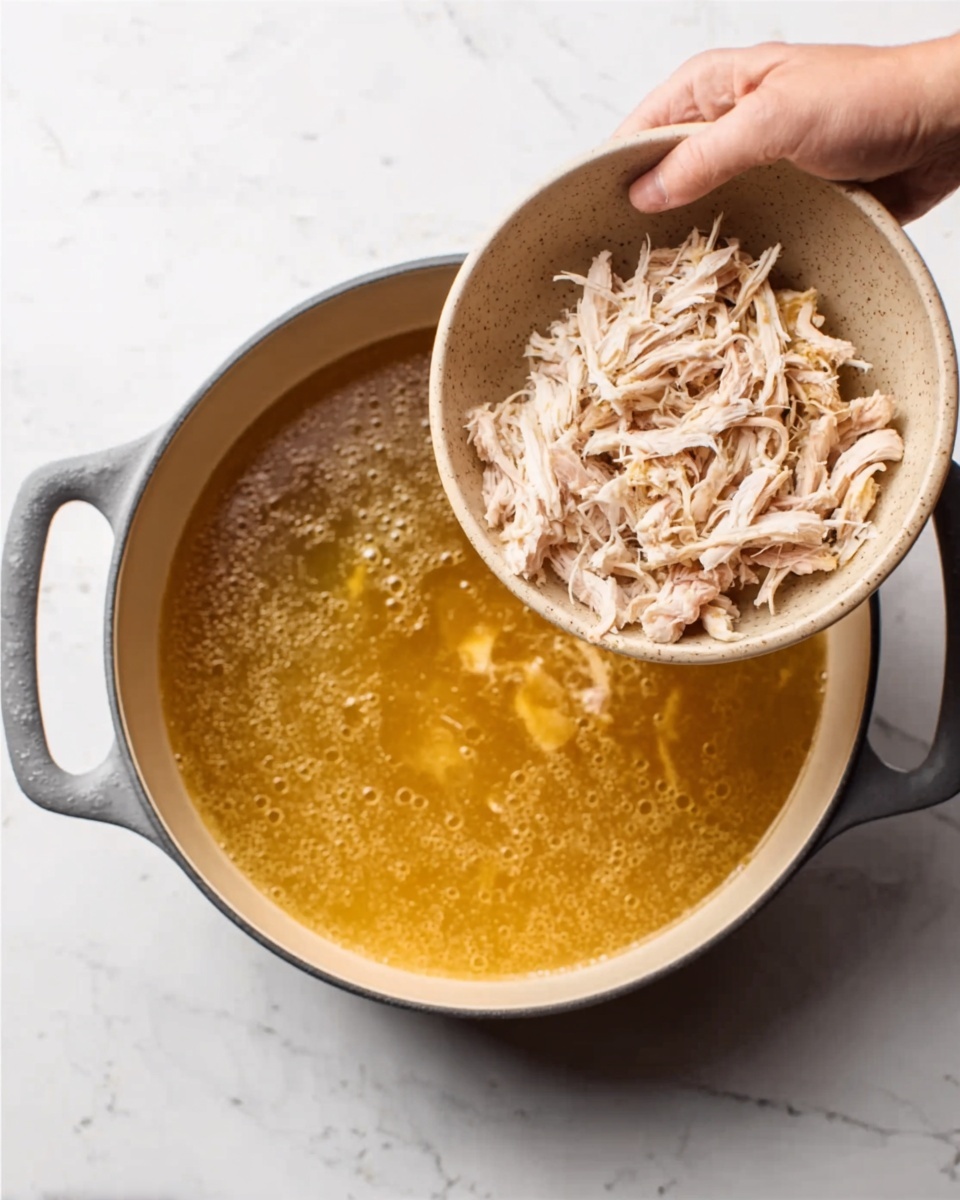 A pot filled with yellow-brown broth with small bubbles on the surface sits on a white marbled countertop. A woman's hand holds a beige bowl above the pot, pouring shredded white chicken meat into the broth. The pot is gray with two small handles on each side. The scene is bright and clean, focusing on the action of adding the shredded chicken to the soup. photo taken with an iphone --ar 4:5 --v 7