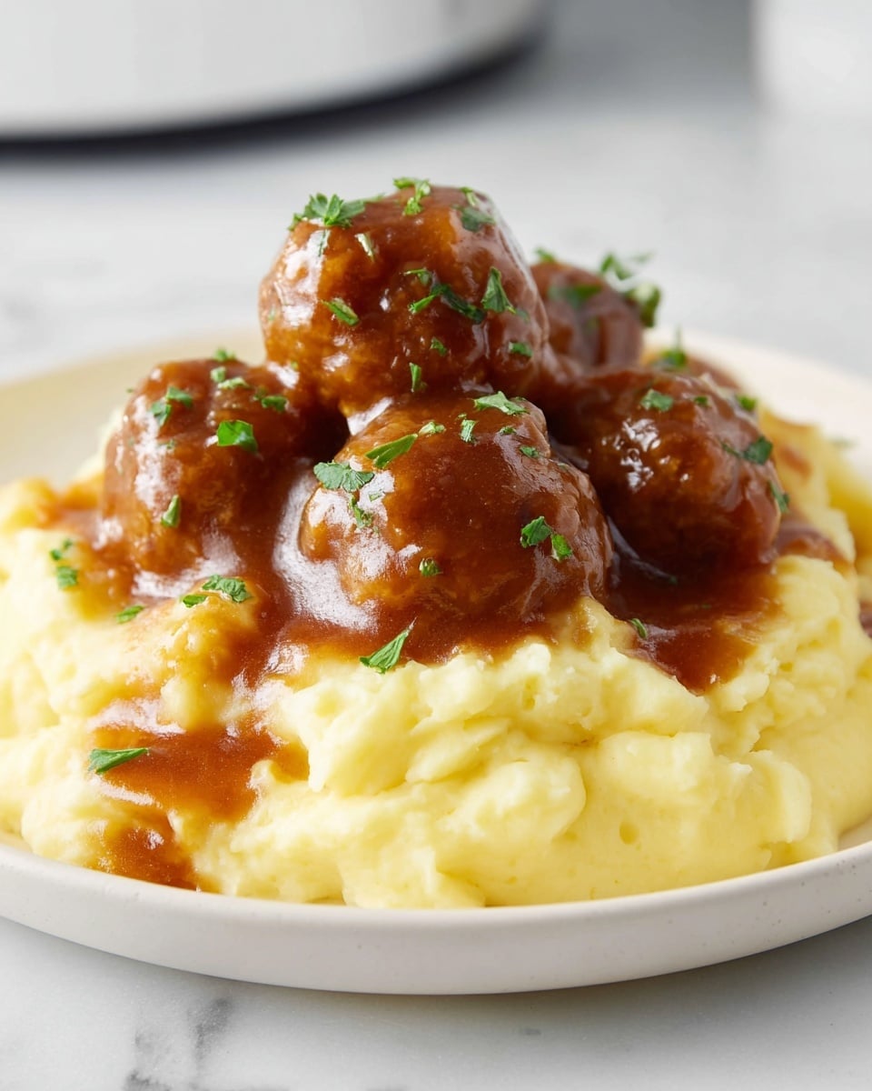 A white plate holds a serving of light, creamy mashed potatoes as the bottom layer, soft and fluffy with a slightly uneven texture. On top, there are around six round, brown meatballs coated in a thick, shiny brown gravy that glistens under the light. Some of the gravy gently drips onto the mashed potatoes. A few small pieces of green parsley are sprinkled on top of the meatballs and around the plate for color. At the front, two halves of a meatball show their soft, textured inside. A silver fork holds these halves, resting on the plate's edge. The photo is taken on a white marbled surface. Photo taken with an iphone --ar 4:5 --v 7