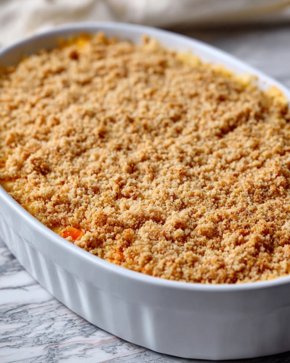 A close-up image of a white oval baking dish filled with a layered casserole. The top layer is a golden-brown crumb topping with a slightly crunchy texture, evenly spread over the dish. The layers beneath the crumb topping are not visible, but small bits of orange and lighter colors peek through near the edges, suggesting ingredients like cheese or vegetables inside. The dish sits on a white marbled surface with a soft focus background. photo taken with an iphone --ar 4:5 --v 7