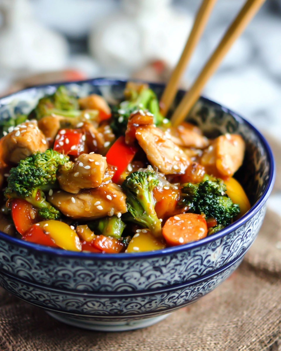 A blue and white patterned bowl is filled with a colorful stir-fry showing three main layers: chunks of light brown chicken pieces with a glossy texture sit on top, mixed with bright green broccoli florets and round orange carrot slices. Underneath these, there are yellow and red bell pepper pieces adding more color. The dish is sprinkled with small white sesame seeds scattered evenly on top. Two light wooden chopsticks rise from the bowl’s center. The bowl sits on rough textured brown fabric against a white marbled surface background. photo taken with an iphone --ar 4:5 --v 7