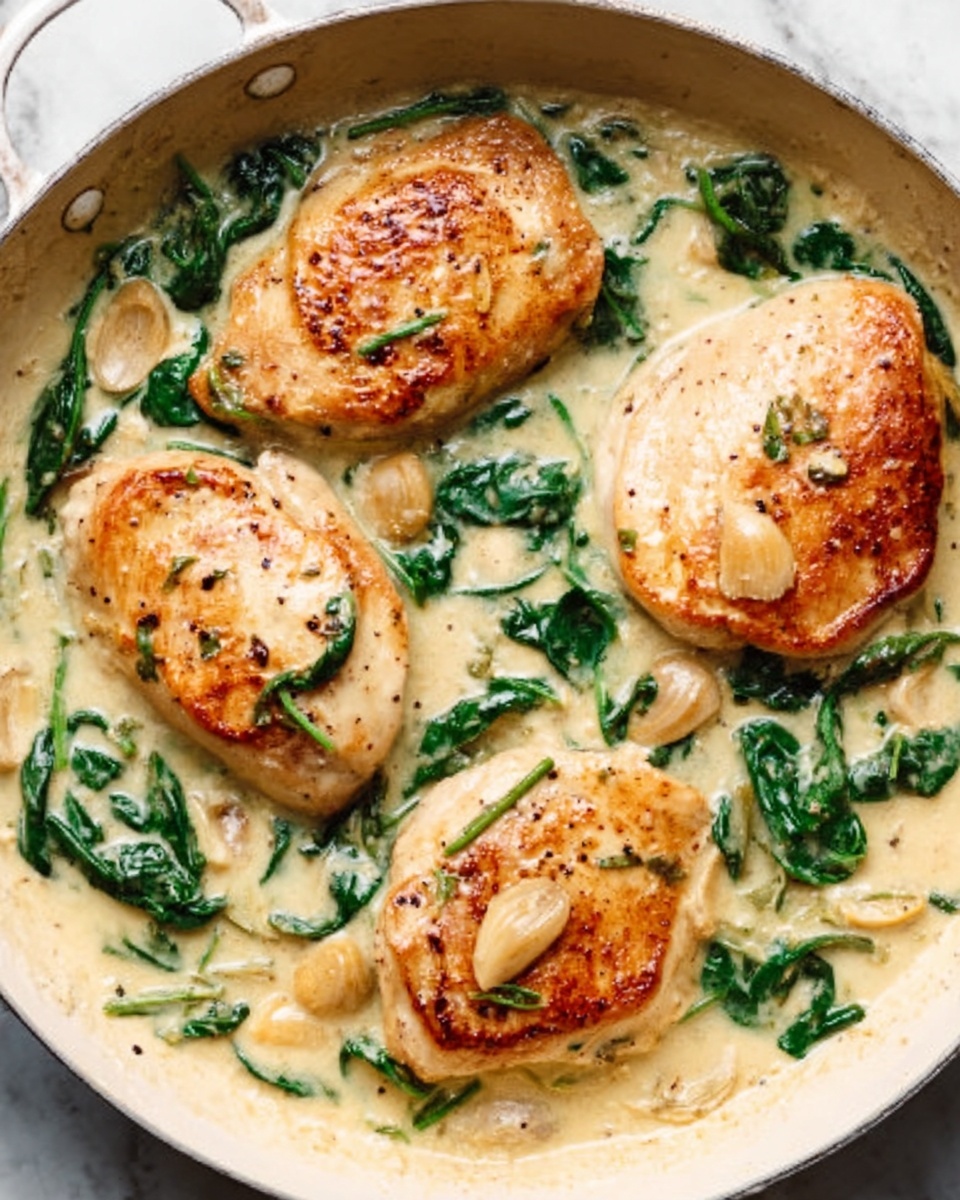 In a white pan sits four golden-brown cooked chicken pieces, each covered in a creamy light beige sauce with visible whole garlic cloves and wilted bright green spinach leaves scattered around. The sauce looks smooth and thick, coating the chicken and spinach evenly. The chicken pieces are evenly spaced, with the spinach and garlic floating on the surface. The white marbled background is visible around the pan edges. photo taken with an iphone --ar 4:5 --v 7