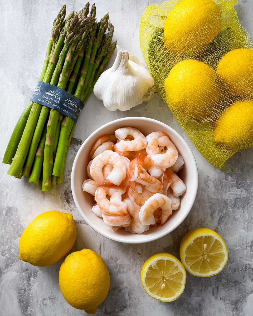A white bowl filled with cooked shrimp showing a mix of white and light orange shades, placed on a white marbled surface. To the left of the bowl is a bundle of green asparagus tied with a blue band, with visible tips and stalks. Above the asparagus is a whole garlic bulb with a rough white skin. A netted yellow bag filled with bright yellow lemons lies at the top right, and two lemon halves with visible seeds and juicy texture rest nearby on the white marbled surface. The image is bright and colorful, showing fresh ingredients clearly. photo taken with an iphone --ar 4:5 --v 7