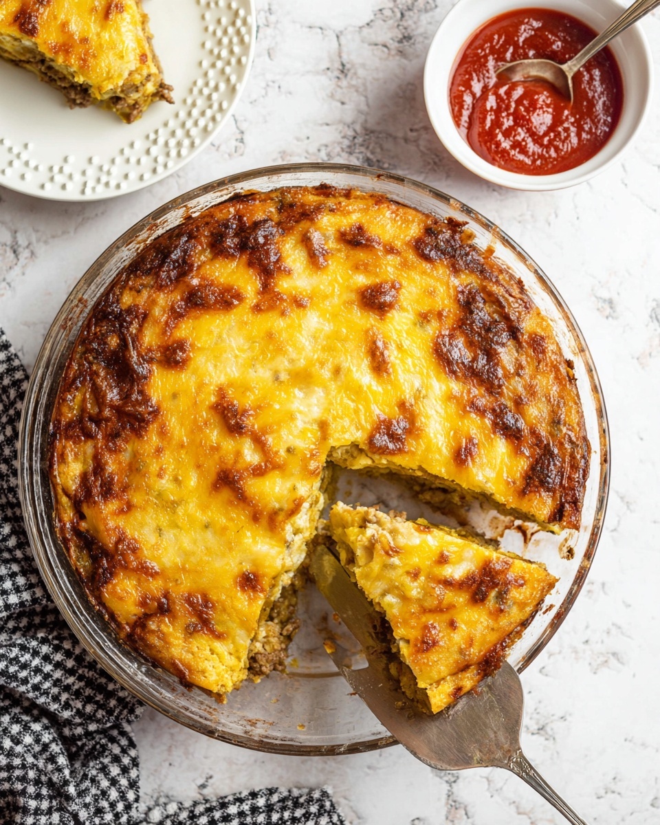 A round glass pie dish holds a baked savory pie with a golden brown cheesy top layer that is unevenly melted, showing some browned, crispy spots. The pie is sliced into pieces, with one slice partly pulled out on a silver serving spatula, revealing a bottom layer of minced meat mixed with vegetables that look soft and cooked. Nearby, a small white bowl filled with thick, red sauce sits on a white marbled surface, with a spoon resting inside it. In the upper left corner, a white plate with textured dots holds a piece of the pie. A black and white checkered cloth is also partly visible at the bottom left. Photo taken with an iphone --ar 4:5 --v 7
