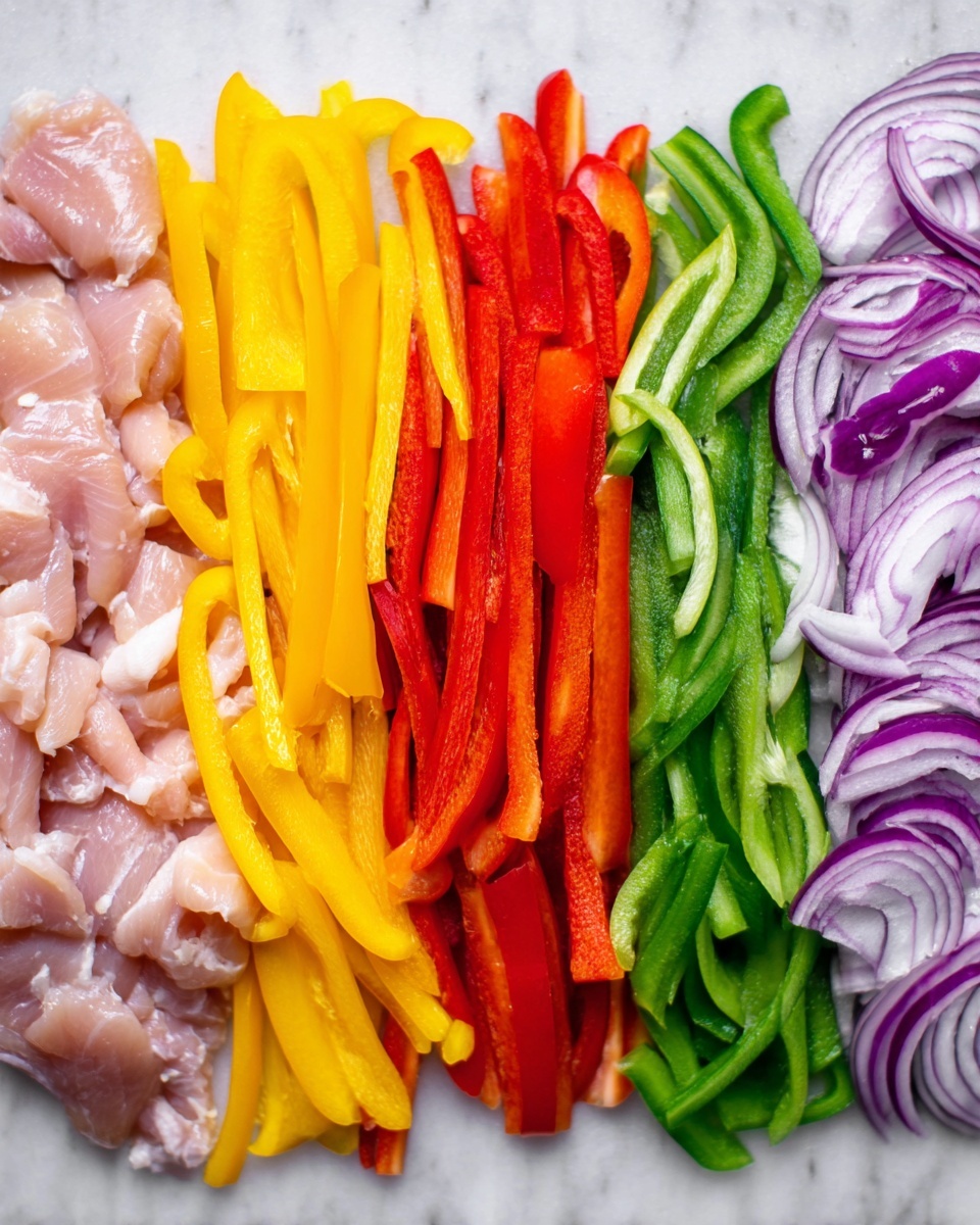 The image shows six layers arranged side by side on a flat surface with a white marbled texture. From left to right, there is a layer of raw light pink sliced chicken, next to it is a layer of long yellow bell pepper strips, followed by a layer of red bell pepper strips. Next to the red peppers is a layer of green bell pepper strips, and finally, on the far right, a layer of purple and white sliced red onions with a curled texture. The colors are bright and fresh, and the layers are neatly separated, creating a colorful and organized display photo taken with an iphone --ar 4:5 --v 7