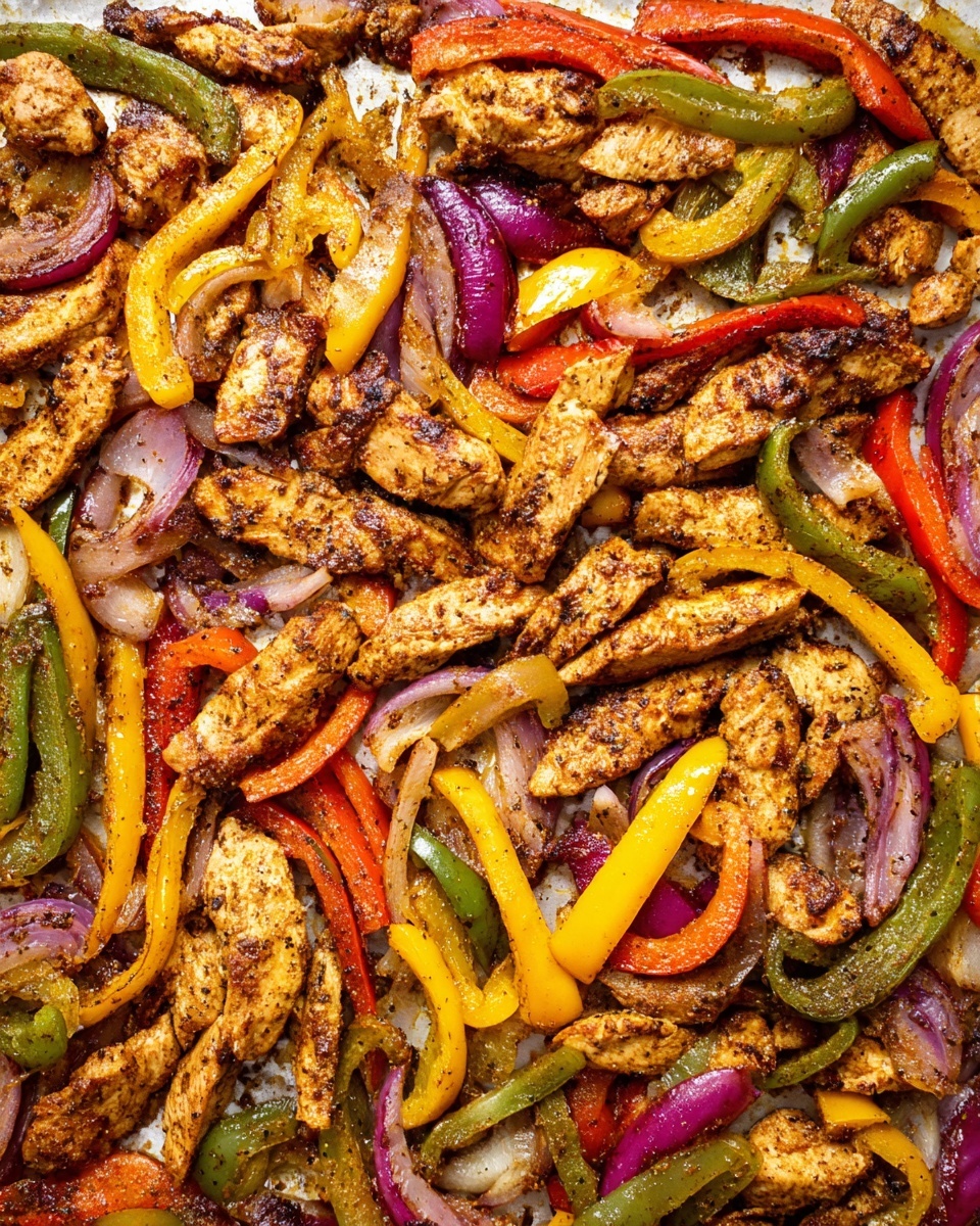 The image shows a single layer of cooked fajita-style chicken strips mixed with sliced red, yellow, and green bell peppers, as well as slices of red onion, all spread evenly on a flat surface. The chicken pieces are browned with a slightly charred and seasoned texture, while the pepper strips are soft with a bright and glossy finish in red, yellow, and green colors. The red onion slices add purple tones, visible amid the peppers and chicken. Everything looks lightly oily, with some blackened seasoning spots scattered throughout. The background is a white marbled texture. photo taken with an iphone --ar 4:5 --v 7