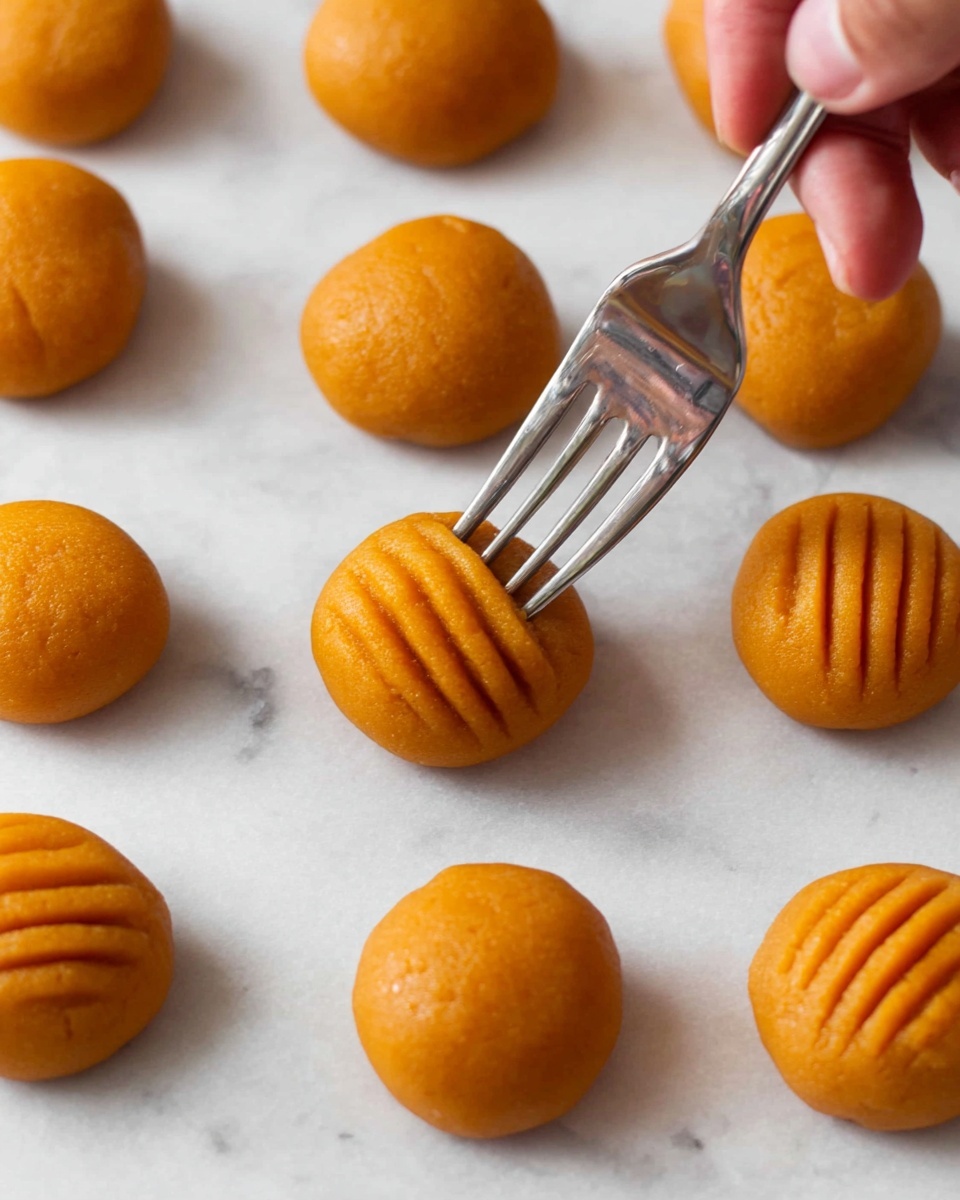13 Minute 3-Ingredient Peanut Butter Cookie Recipe 4 The image shows several small, round, orange dough balls on a white marbled surface. A woman's hand is pressing a silver fork onto one dough ball in the center, creating a crisscross pattern of small grooves on the dough's smooth surface. Some dough balls remain smooth, while others have the textured fork marks. The dough looks soft and slightly shiny, arranged close together in a neat layout. photo taken with an iphone --ar 4:5 --v 7