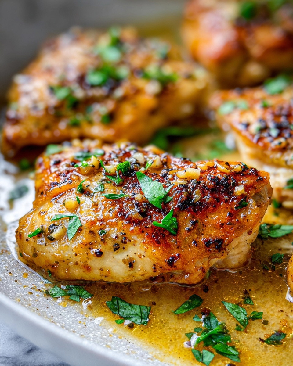 The image shows a close-up of golden-brown cooked chicken pieces in a light sauce. The chicken is topped with visible black pepper, small bits of garlic, and sprinkled with fresh chopped green herbs. The pieces have a slight shine from the sauce, with some oil pooling around them. The background surface is a white marbled texture, adding brightness to the scene. photo taken with an iphone --ar 4:5 --v 7