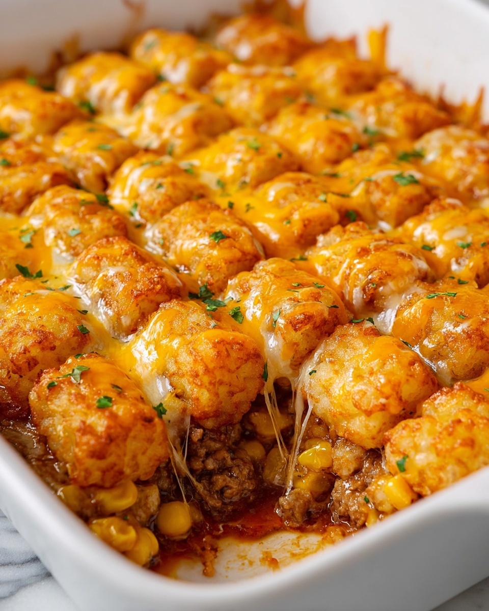 This image shows a white baking dish filled with a layered tater tot casserole. The bottom layer is made of cooked ground meat mixed with corn, visible through melted golden cheese that covers the meat layer. On top, there are rows of crispy golden brown tater tots arranged close together in even lines. The tater tots are covered with melted cheddar cheese that drips down the sides, with small green herb bits sprinkled over the cheese. The edges of the dish have slightly browned cheese stuck to the sides. The dish is placed on a white marbled surface. photo taken with an iphone --ar 4:5 --v 7