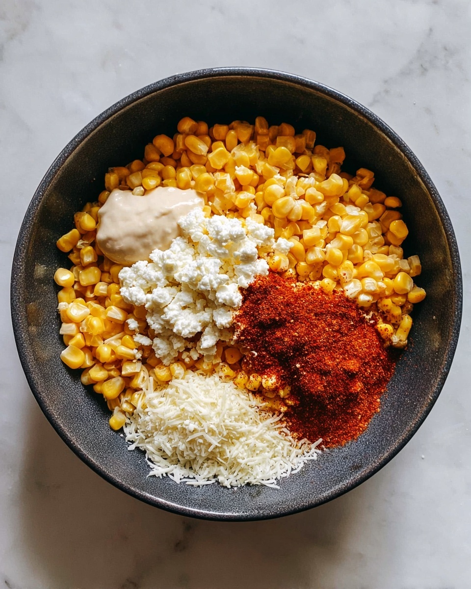 A round dark bowl holds five layers of ingredients arranged separately but close together. The largest sections are bright yellow corn kernels filling most of the bowl. To the upper left, there is a smooth, creamy pale layer of mayo. Below it and to the center left, a small pile of crumbly white cheese is visible. On the bottom right, a fine dusting of bright red chili powder adds a strong color contrast. Just above this powder at the bottom center, there is another small heap of finely shredded white cheese. The bowl is placed on a white marbled surface. photo taken with an iphone --ar 4:5 --v 7