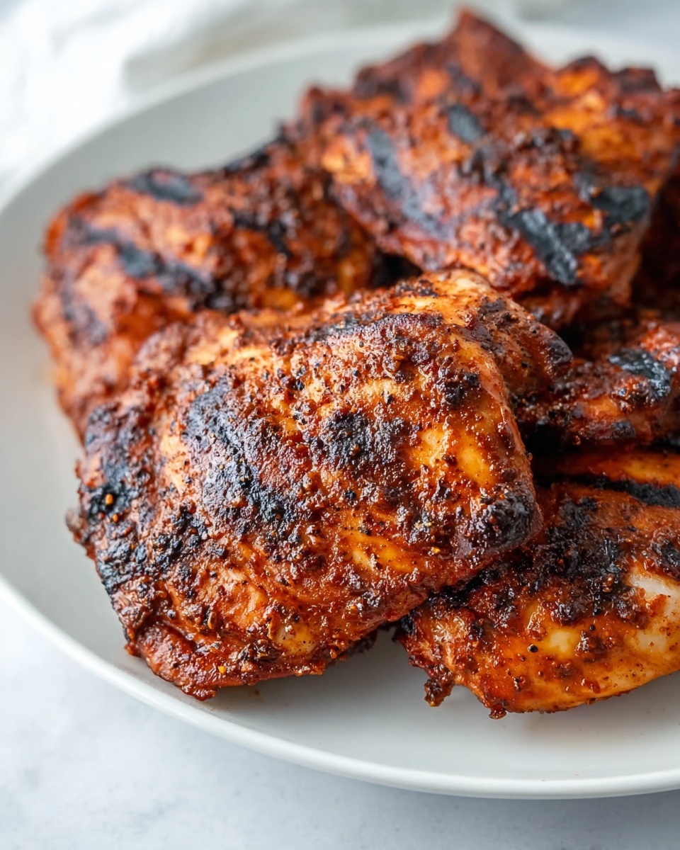 This image shows several pieces of grilled chicken thighs stacked on a white plate. The chicken has a dark, reddish-brown color with a slightly crispy and charred texture on the edges, showing visible grill marks and seasoning specks all over. The chicken looks juicy with a shiny surface caused by the marinade or oil. The white plate sits on a white marbled surface that is softly blurred in the background. photo taken with an iphone --ar 4:5 --v 7