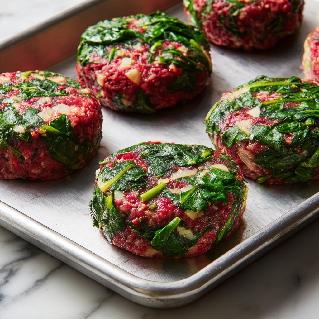 A close-up view of uncooked patties on a silver baking tray, each patty made of two main layers: a base layer of bright red mixed with chunks of white, topped with fresh, dark green spinach leaves that cover the surface unevenly. The patties are roughly round but not perfectly shaped, showing a mix of smooth and leafy textures. The baking tray rests on a white marbled surface, enhancing the fresh colors of the ingredients. Photo taken with an iphone --ar 4:5 --v 7