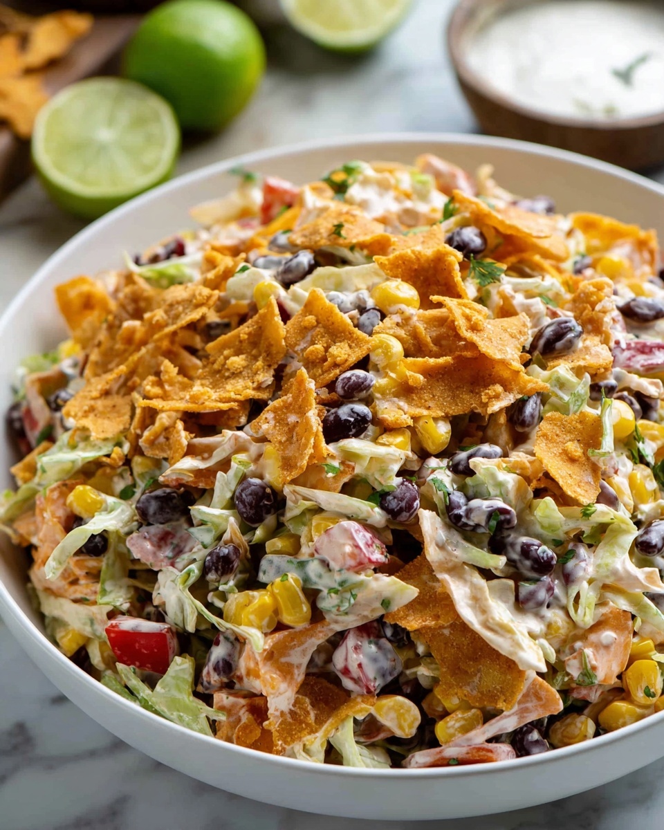 A close-up view of a white bowl filled with a colorful salad made of multiple layers including orange crunchy chips scattered on top and throughout, black beans, yellow corn kernels, shredded pale cabbage mixed with small pieces of red bell pepper, green herbs, and a creamy dressing coating all ingredients. The bowl sits on a white marbled surface, with a lime half and a small white bowl in the blurred background. photo taken with an iphone --ar 4:5 --v 7