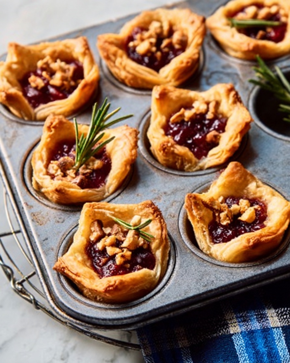 A close-up view of a muffin tin filled with six small tarts, each made with golden, flaky pastry folds forming a cup around a dark red fruit filling topped with small bits of chopped nuts and small green rosemary sprigs. The pastry is browned and crisp, with textured edges curling up around the glossy filling. The muffin tin is placed on a white marbled surface with part of a cooling rack and a blue plaid cloth visible underneath. The lighting is soft, enhancing the warm colors of the pastries photo taken with an iphone --ar 4:5 --v 7
