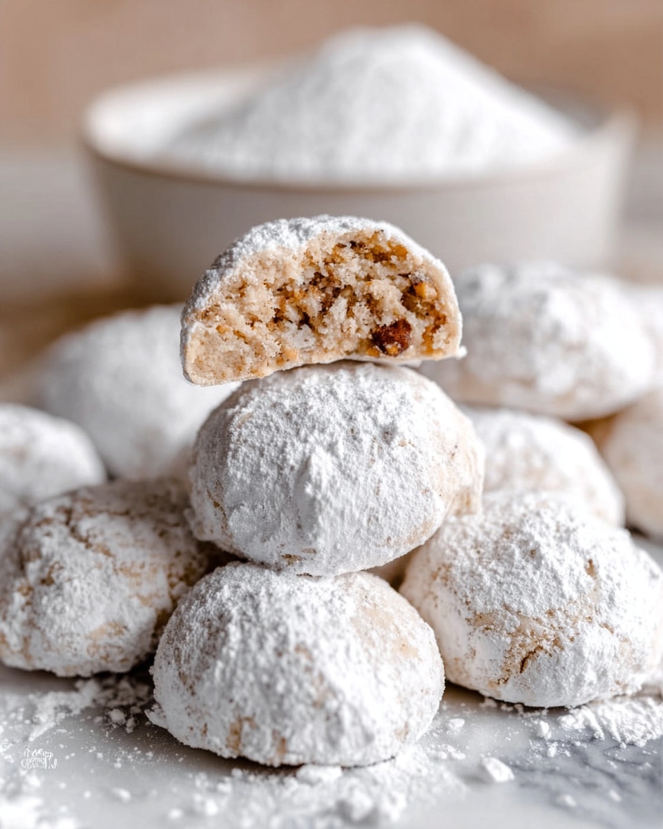The image shows a close-up of many round cookies covered in white powdered sugar, placed on a white marbled surface. One cookie is broken in half and placed on top of the others, revealing a soft, light brown inside with some visible pieces, showing a slightly crumbly texture. In the background, there is a blurred white bowl filled with more powdered sugar. The cookies are arranged in layers with the broken cookie in the center at the top, making the texture inside clear. Photo taken with an iphone --ar 4:5 --v 7