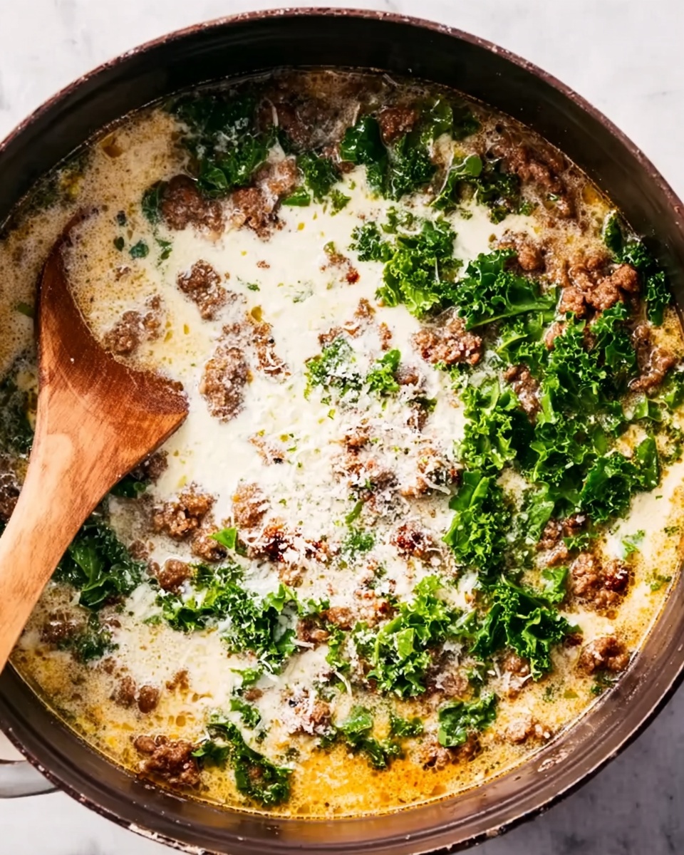 The image shows a large pot filled with a rich soup or stew. The base of the dish is a warm brown broth, layered with melted cream or white sauce creating lighter swirls on top. There are chunks of cooked ground meat scattered across the surface, some browned pieces creating a rough texture. Around the edges of the pot, bright green torn kale leaves add a fresh contrast. A wooden spoon rests on the left side, partly dipped in the soup, showing the thick mix. The background surface is white marble. Photo taken with an iphone --ar 4:5 --v 7