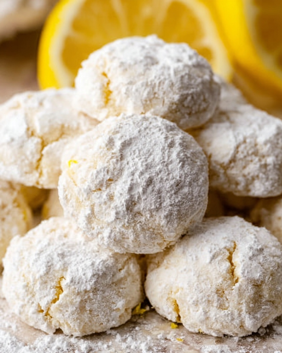 The image shows a close-up of several round cookies covered with white powdered sugar. Each cookie has a rough texture with cracks visible under the layer of sugar, giving them a snowy look. They are piled together, filling the frame, with a large sliced lemon in the blurred background that adds a soft yellow contrast. The cookies have a light, creamy color beneath the sugar. Photo taken with an iphone --ar 4:5 --v 7