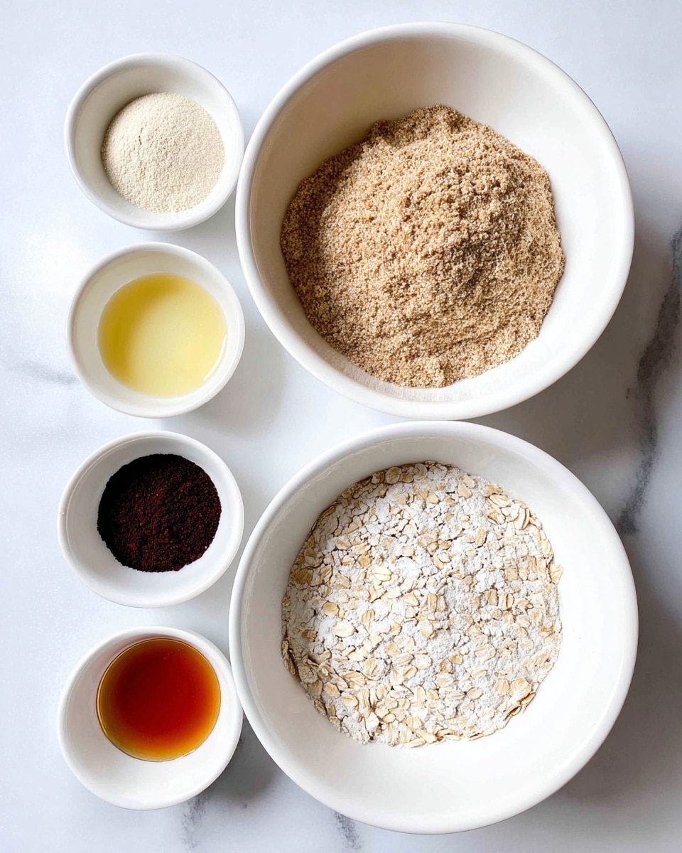The image shows two white mixing bowls placed on a white marbled surface. The larger bowl on top right contains a light brown flour mix with a coarse texture, while the smaller bowl at the bottom right holds a finer, off-white flour. On the left side, there are six small white bowls arranged vertically, each with a different ingredient: light beige yeast, dark brown cocoa powder, deep black liquid, clear pale yellow oil, amber-colored honey, and pale tan rolled oats with a rough texture. The bowls and ingredients are neatly organized and clearly visible. photo taken with an iphone --ar 4:5 --v 7