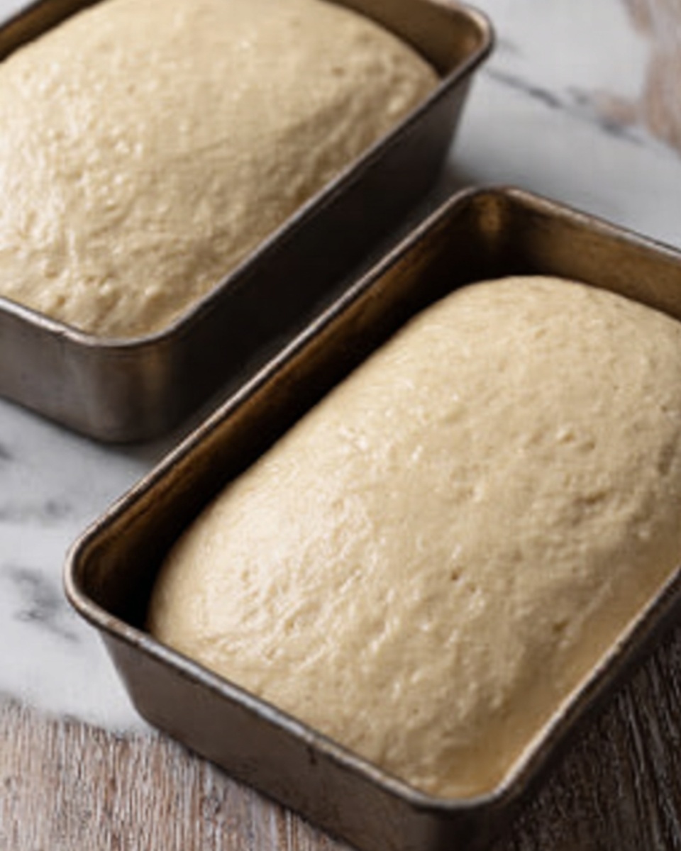 Two metal baking pans filled with smooth, light beige dough that has risen to fill the pans almost to the top. The dough looks soft and slightly shiny, with a few tiny bubbles visible on the surface. The pans are placed on a white marbled surface that contrasts with the darker pans. In the background, part of a third pan is visible, also filled with dough. Photo taken with an iphone --ar 4:5 --v 7