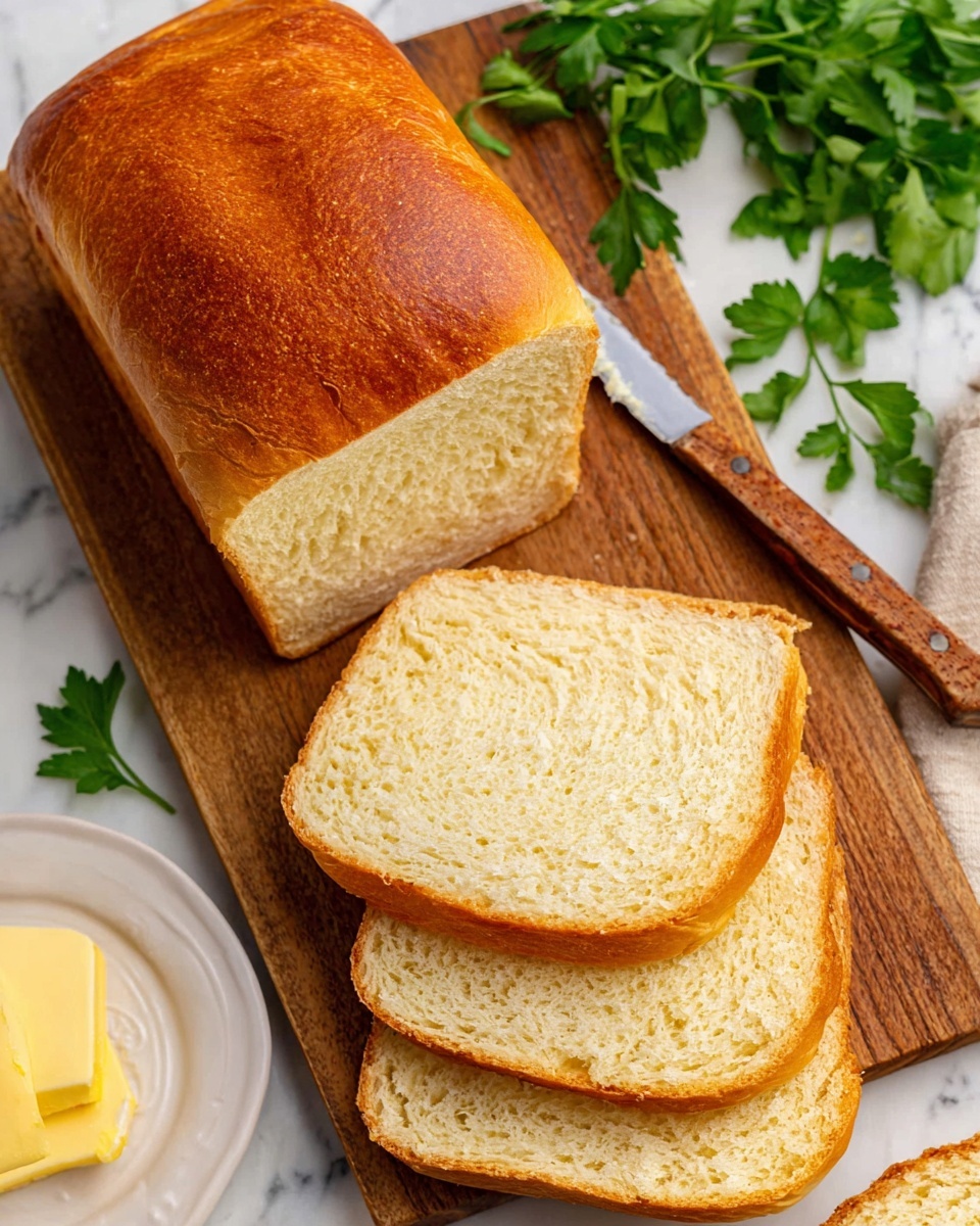 The image shows a loaf of golden brown bread placed on a wooden board with three thick slices neatly laid out in front. The inside of the bread is soft and pale with a smooth texture. To the side, there is a white plate with a single slice of bread, and near the bottom left corner, a pat of yellow butter is partially visible. A knife with a wooden handle rests on the board, its blade pointing toward the slices. Fresh green parsley leaves are placed beside the loaf, adding a fresh touch. The surface beneath everything is a white marbled texture. Photo taken with an iphone --ar 4:5 --v 7