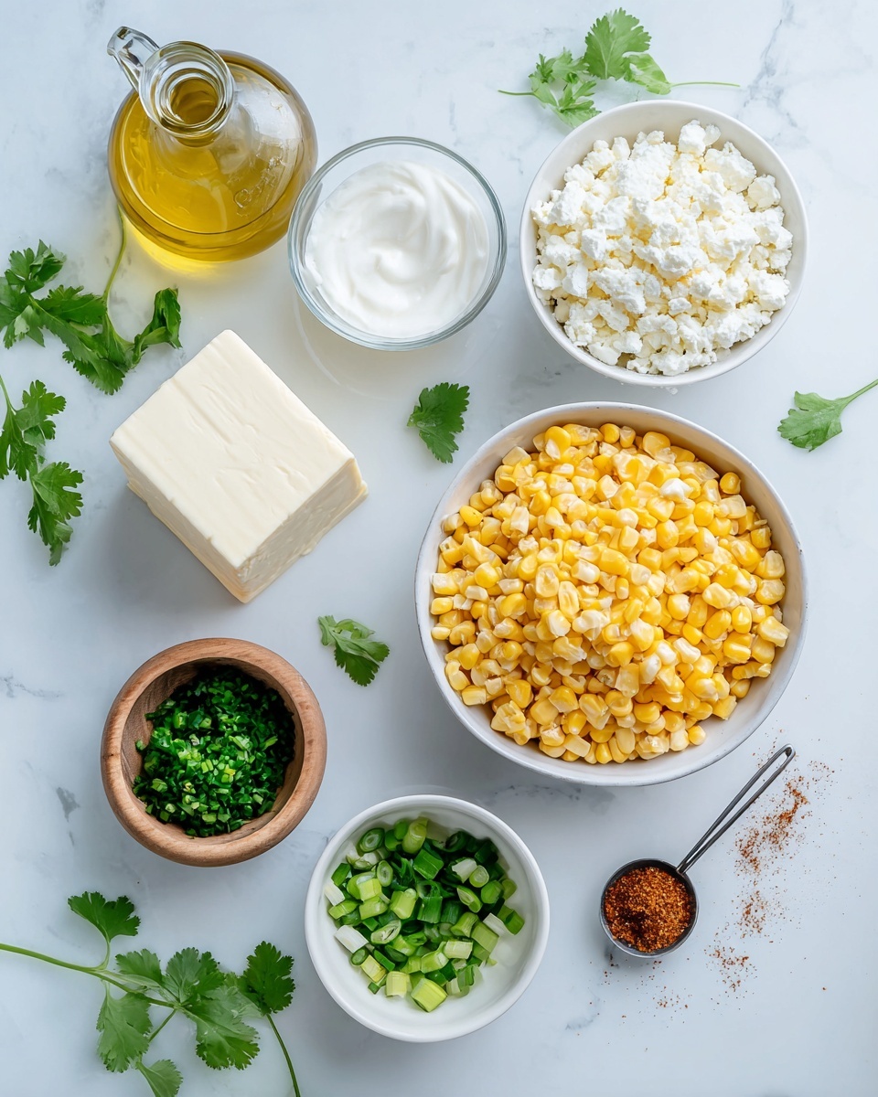 A white bowl filled with bright yellow corn kernels sits at the bottom right of the image, surrounded by smaller white bowls and containers holding various ingredients. Above the corn bowl is a white bowl of crumbled white cheese with a soft texture. To the left of the cheese is a clear glass bottle of golden oil with a handle. Below the oil is a block of cream cheese on the white marbled surface. To the right of the cream cheese is a measuring cup with white sour cream. Next to the cheese bowl, a smaller white bowl contains finely chopped dark green scallions, and above it, a wooden bowl holds fresh chopped cilantro leaves. Near the right edge, a small measuring spoon filled with a reddish-brown spice is placed on the white marbled surface with some spice scattered nearby. A few cilantro leaves are scattered around the layout, all set on a white marbled background. Photo taken with an iphone --ar 4:5 --v 7