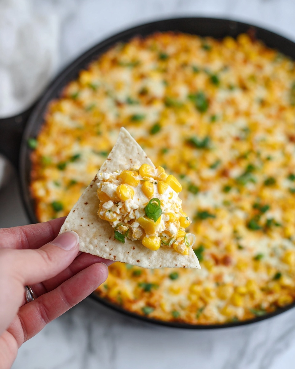 A woman's hand is holding a single white triangular tortilla chip topped with a creamy, chunky dip made of bright yellow corn kernels, melted white cheese, and chopped green onions. In the background, there is a round black pan filled with the same dip, showing a thick layer of corn and cheese mixture with small green onion pieces sprinkled on top, all placed on a white marbled surface. The dip appears warm with a slightly browned cheese layer on top that has a melted, soft texture. photo taken with an iphone --ar 4:5 --v 7