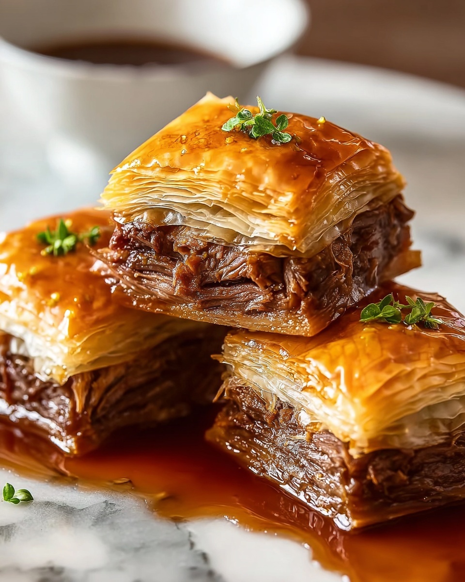 The image shows two square pieces of flaky pastry stacked on a dark plate. Each piece has a golden-brown, crisp top layer sprinkled with small bits of green herbs. Inside, there is a thick layer of shredded dark brown meat filling, sandwiched between the light, flaky layers of pastry. Next to the stack, there is a small clear glass bowl filled with dark brown sauce, slightly glossy with a few small green herb pieces floating on top. The background is a white marbled texture. photo taken with an iphone --ar 4:5 --v 7