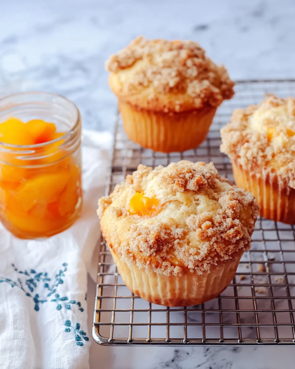 The image shows three crumb-topped peach muffins on a cooling rack placed on a white marbled surface. Each muffin has a light golden-brown color with visible crumbs on the top layer, giving them a slightly rough texture. Inside the muffins, small orange peach pieces can be seen, adding a vibrant contrast to the pale muffin base. To the left of the muffins, there is a small clear glass jar filled with bright orange peach slices in syrup. A white cloth with a blue pattern is partly visible under the cooling rack on the left side. The scene is softly lit, highlighting the muffins' detailed texture and the peach slices' shine. Photo taken with an iphone --ar 4:5 --v 7