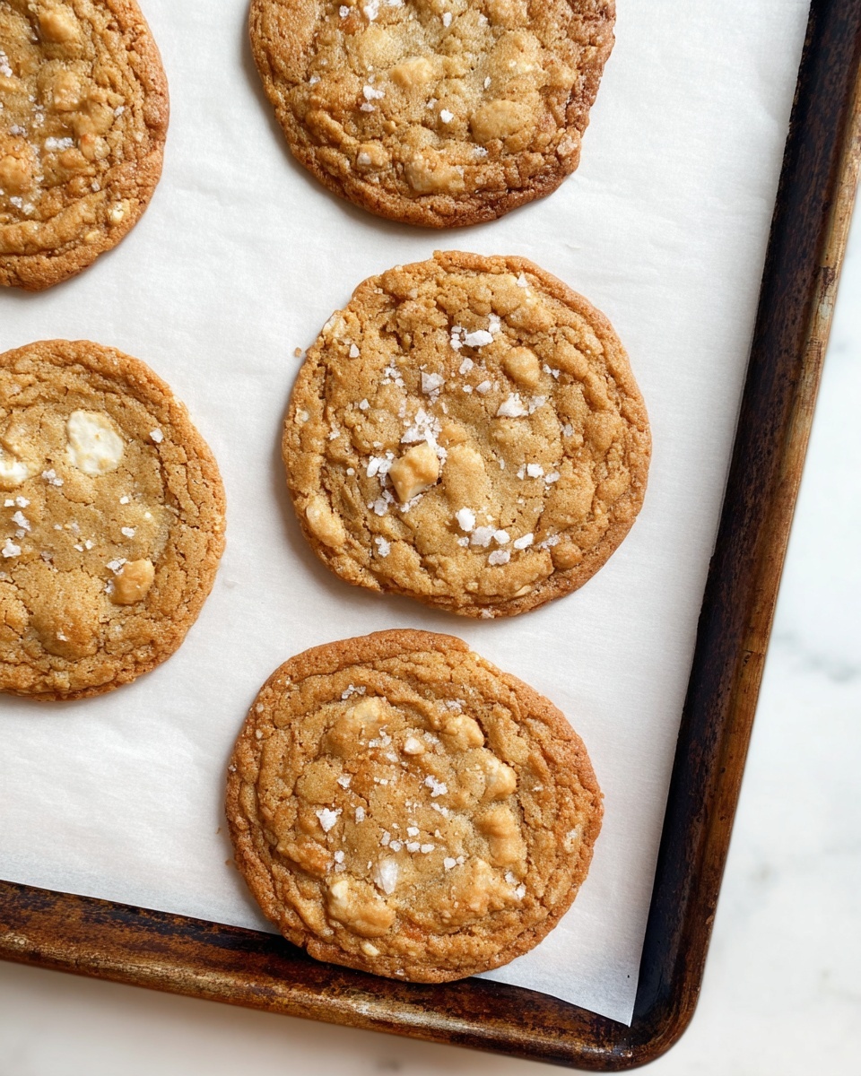 Four round cookies sit on white parchment paper on a dark metal baking tray. Each cookie is golden brown with a slightly uneven surface showing soft, crumbly texture and small scattered white chunks inside. Coarse salt flakes are lightly sprinkled across the tops, adding contrast against the warm cookie color. The edges of the cookies are slightly darker, showing a crisp finish, while the centers look softer and more chewy. The tray is placed on a white marbled surface. photo taken with an iphone --ar 4:5 --v 7