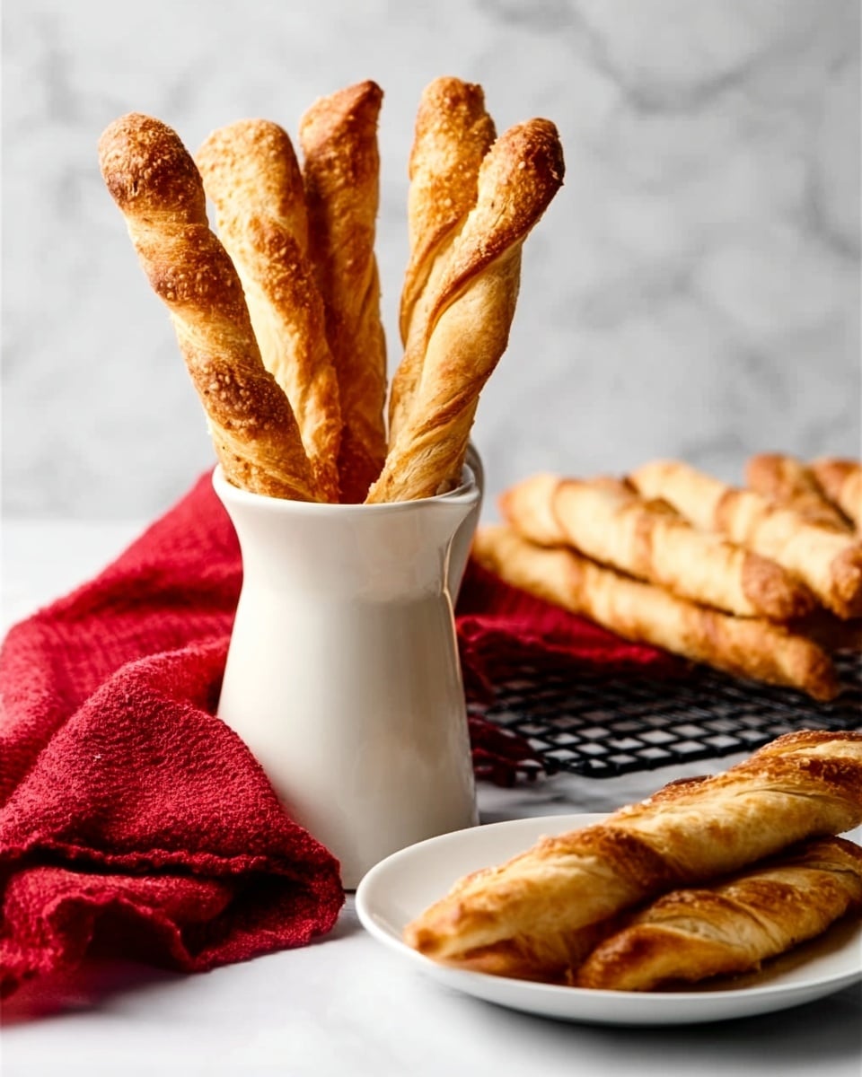 The image shows long, golden brown breadsticks with a crispy, slightly twisted texture. Some breadsticks stand upright inside a white ceramic pitcher, while others lay flat on a white plate in the foreground and on a cooling rack in the background. A red cloth is draped casually next to the pitcher, and the whole scene is set on a white marbled surface. The lighting highlights the crispy crust and the soft inside of the breadsticks, creating a warm and inviting look. photo taken with an iphone --ar 4:5 --v 7
