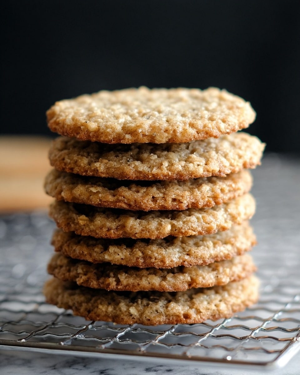 A stack of seven oatmeal cookies is shown close-up, each cookie round and flat with a rough, crumbly texture. The cookies are a light brown color with visible bits of oats throughout. They are neatly piled one on top of the other on a silver metal cooling rack with a grid pattern. The background is blurred dark, making the light cookies stand out. The surface under the rack is a white marbled texture photo taken with an iphone --ar 4:5 --v 7
