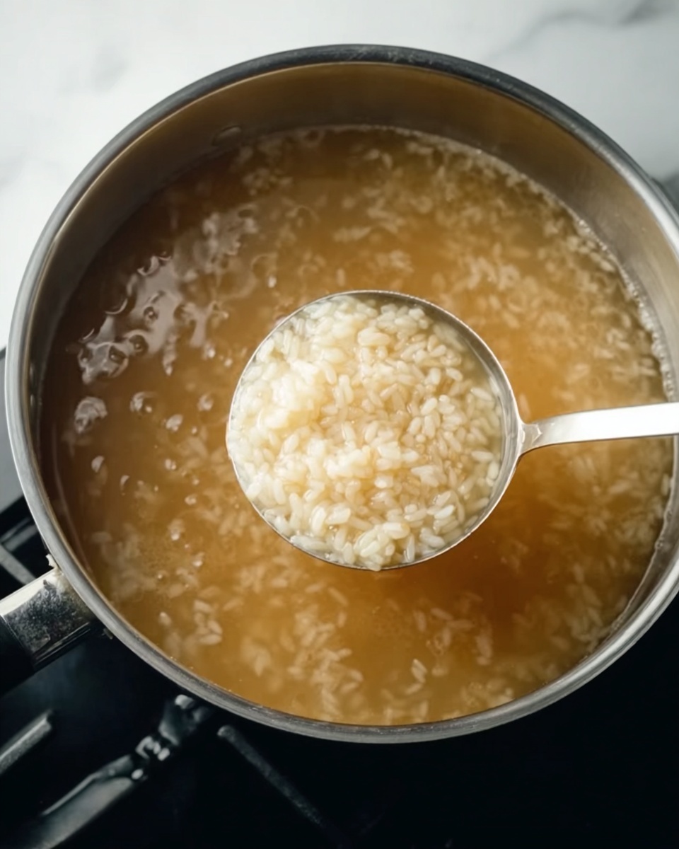 The image shows a close-up of a large metal pot filled with light brown broth and white rice grains floating in it. A metal ladle is scooping up some of the rice and broth mixture, showing the soft, slightly clumpy texture of the rice. The pot is placed on a stove with black burners visible in the background, and the ladle handle extends out to the right side. The overall scene has a warm and simple cooking vibe, with a white marbled surface underneath the pot. photo taken with an iphone --ar 4:5 --v 7