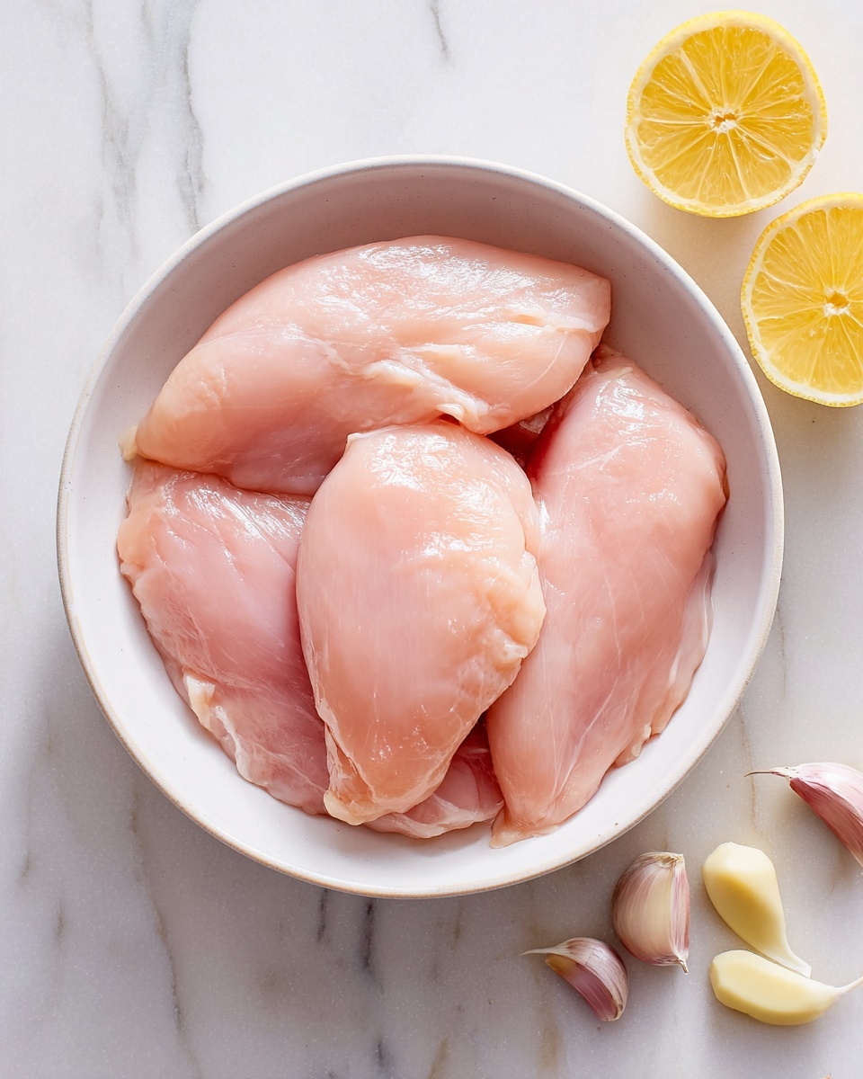 A white bowl holds four raw chicken fillets arranged close together, covering the bowl's surface; the chicken fillets are pale pink with a shiny, smooth texture. To the right side of the bowl on a white marbled surface, two lemon halves with bright yellow flesh and three peeled garlic cloves are placed, adding color contrast to the scene. The overall setting is bright with soft natural light, highlighting the freshness of the ingredients photo taken with an iphone --ar 4:5 --v 7