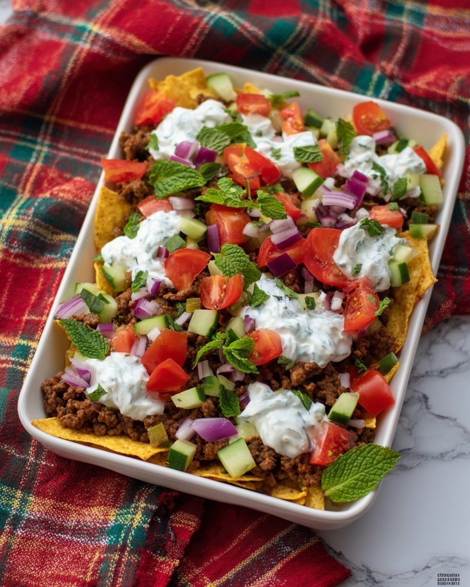 A white rectangular dish holds a layered nacho-style dish starting with a bottom layer of yellow crispy chips. On top are scattered pieces of light brown cooked ground meat. Fresh diced vegetables, including bright red tomatoes, green cucumbers, and bits of purple onions, are spread evenly across the meat. Dollops of white creamy sauce with visible herbs are placed on top, and green mint leaves add a fresh touch around the dish. The dish sits on a colorful plaid cloth with red, green, and beige stripes, over a white marbled textured surface. photo taken with an iphone --ar 4:5 --v 7