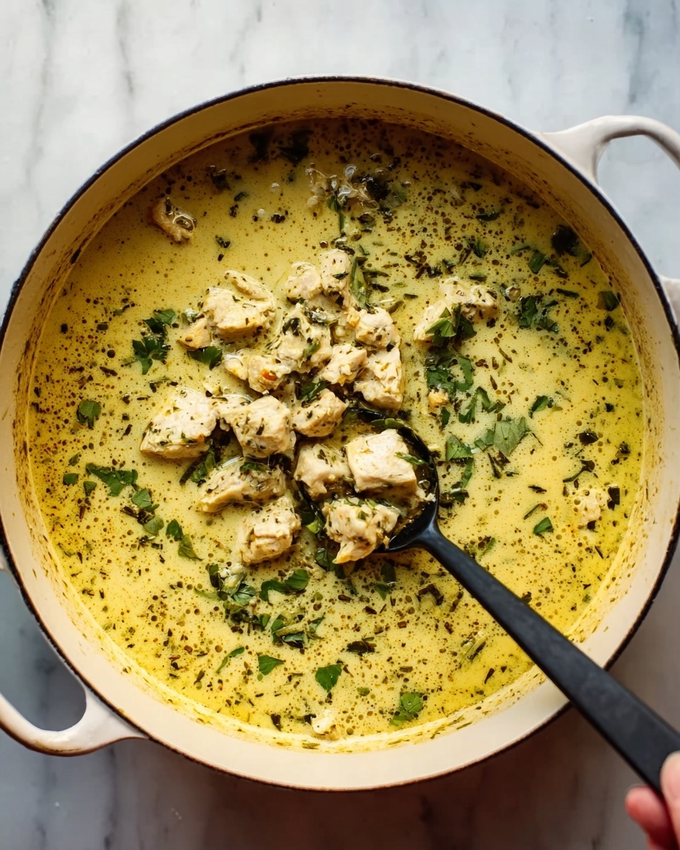 The image shows a white pot filled with a creamy yellow soup that has green herbs mixed in throughout. On top of the soup, there is a layer of light beige cooked chunks, which look soft and tender. The pot is placed on a white marbled surface, and a woman's hand is holding a black spoon that scoops some of the cooked chunks in the center of the pot. The soup surface has a smooth texture with little bubbles, and the herbs add a speckled green color across the yellow base. photo taken with an iphone --ar 4:5 --v 7