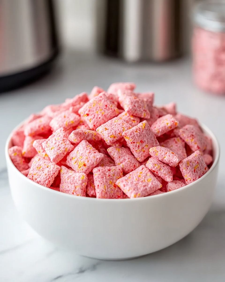 A white bowl full of small, square pink cereal pieces is shown. Each cereal piece has a slightly rough texture with tiny orange and red specks scattered across the pink surface. The bowl sits on a white marbled surface, with blurred kitchen items in the background. The pink cereal pieces fill the bowl almost to the top, creating a soft, colorful mound. photo taken with an iphone --ar 4:5 --v 7