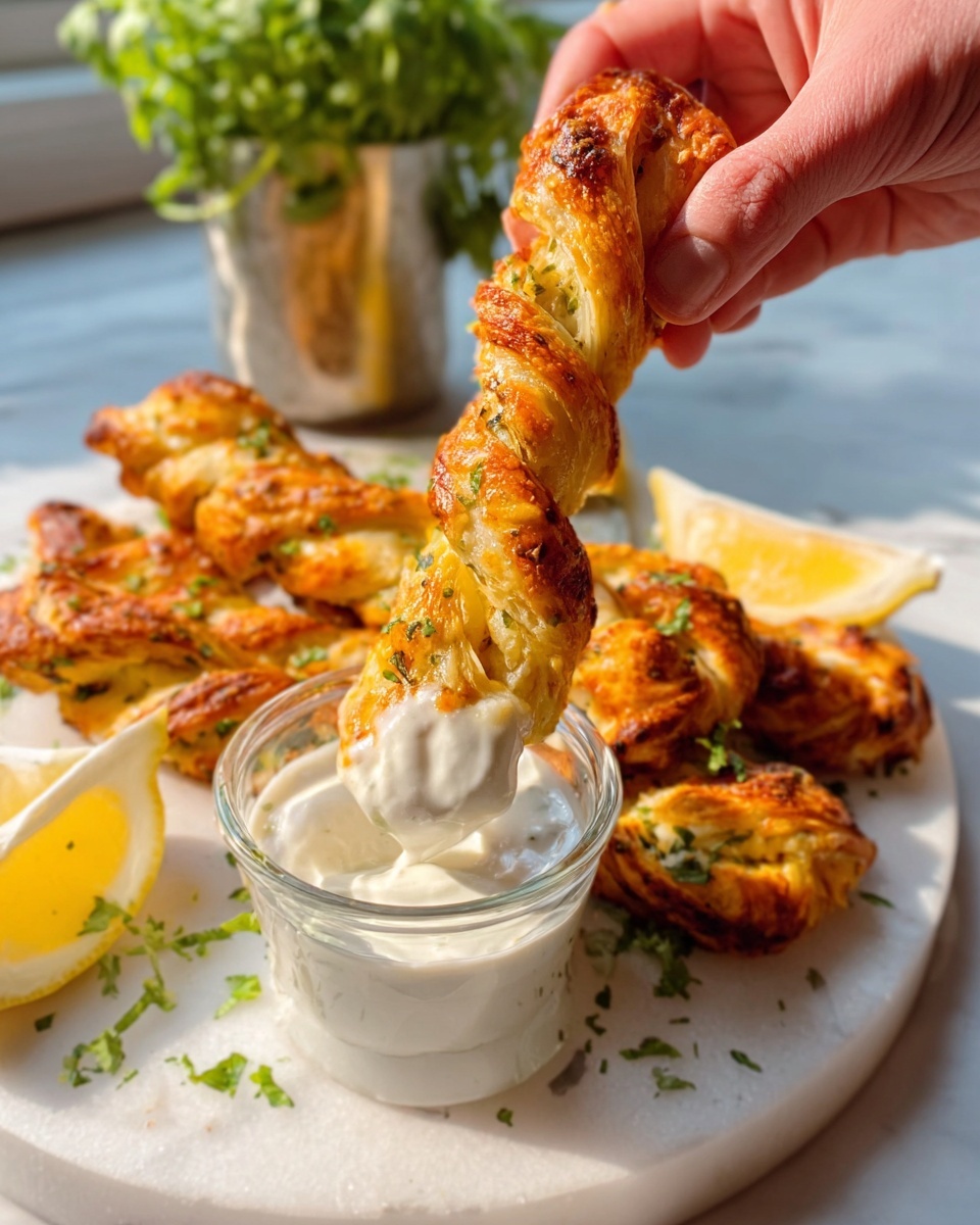 A close-up image showing a woman's hand holding a twisted breadstick that is golden brown with crispy edges and melted cheese visible inside. The breadstick is being dipped into a small white bowl filled with creamy white sauce. Around the bowl, more twisted breadsticks are placed on a round white plate. The setting includes fresh green herbs, lemon wedges, and a white marbled surface in the background. The lighting is natural, highlighting the texture and color of the breadsticks and sauce. photo taken with an iphone --ar 4:5 --v 7