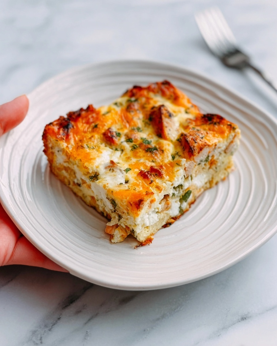 A single piece of egg casserole sits on a white, oval plate with subtle ridges around the edge. The casserole has multiple layers, starting with a golden brown crust on the bottom that looks firm. Above the crust, there is a thick layer of soft, light yellow eggs mixed with bits of green herbs and small pieces of what appear to be chicken. The top layer is slightly browned and bubbly with melted cheese that has browned lightly in places. The background is a white marbled surface, and a silver fork is placed in the back right of the plate. A woman's hand is holding the plate gently from the left side. Photo taken with an iphone --ar 4:5 --v 7