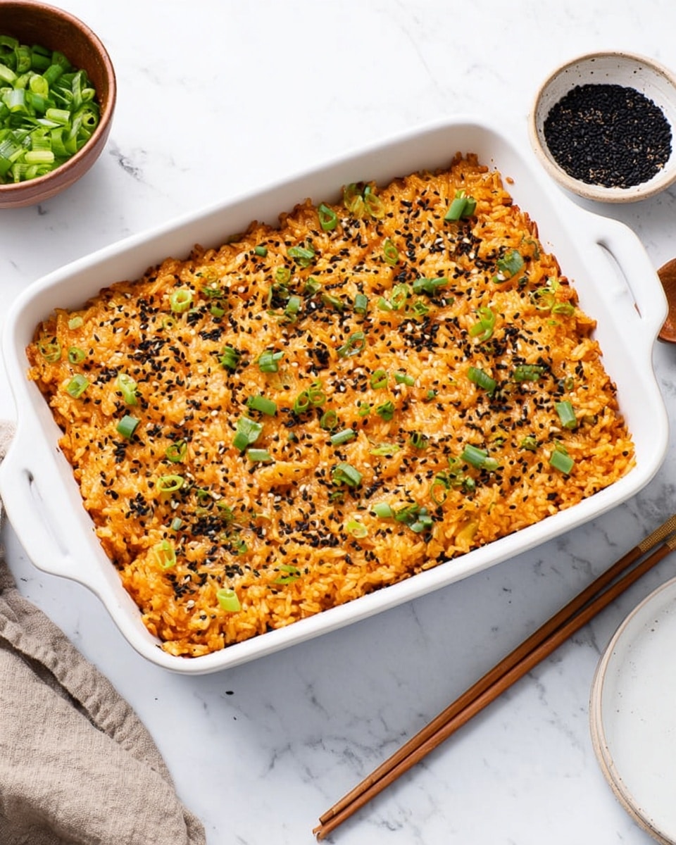 The image shows a white rectangular baking dish filled with a baked rice dish that has an orange-golden top with visible grains. Spread evenly on the surface are small black sesame seeds and chopped green onions, providing contrast and a fresh touch. The dish rests on a white marbled surface, surrounded by a bowl of green onion pieces, a small bowl of black sesame seeds, a pair of wooden chopsticks, and a white plate. photo taken with an iphone --ar 4:5 --v 7