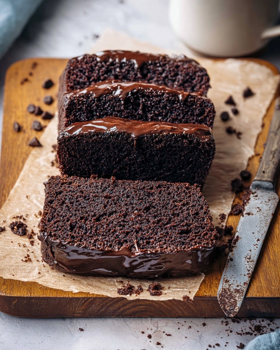 The image shows three slices of rich dark chocolate cake placed on a piece of parchment on a wooden board. The top two slices display a moist, slightly crumbly texture with a deep brown color. The bottom slice is covered in a shiny layer of melted chocolate drizzle that glistens under light. Some chocolate crumbs and drizzle are scattered on the parchment and wooden board, adding a rustic feel. A metal knife with worn spots lies next to the cake, and in the background, a white marbled surface is visible along with the edge of a white cup. photo taken with an iphone --ar 4:5 --v 7