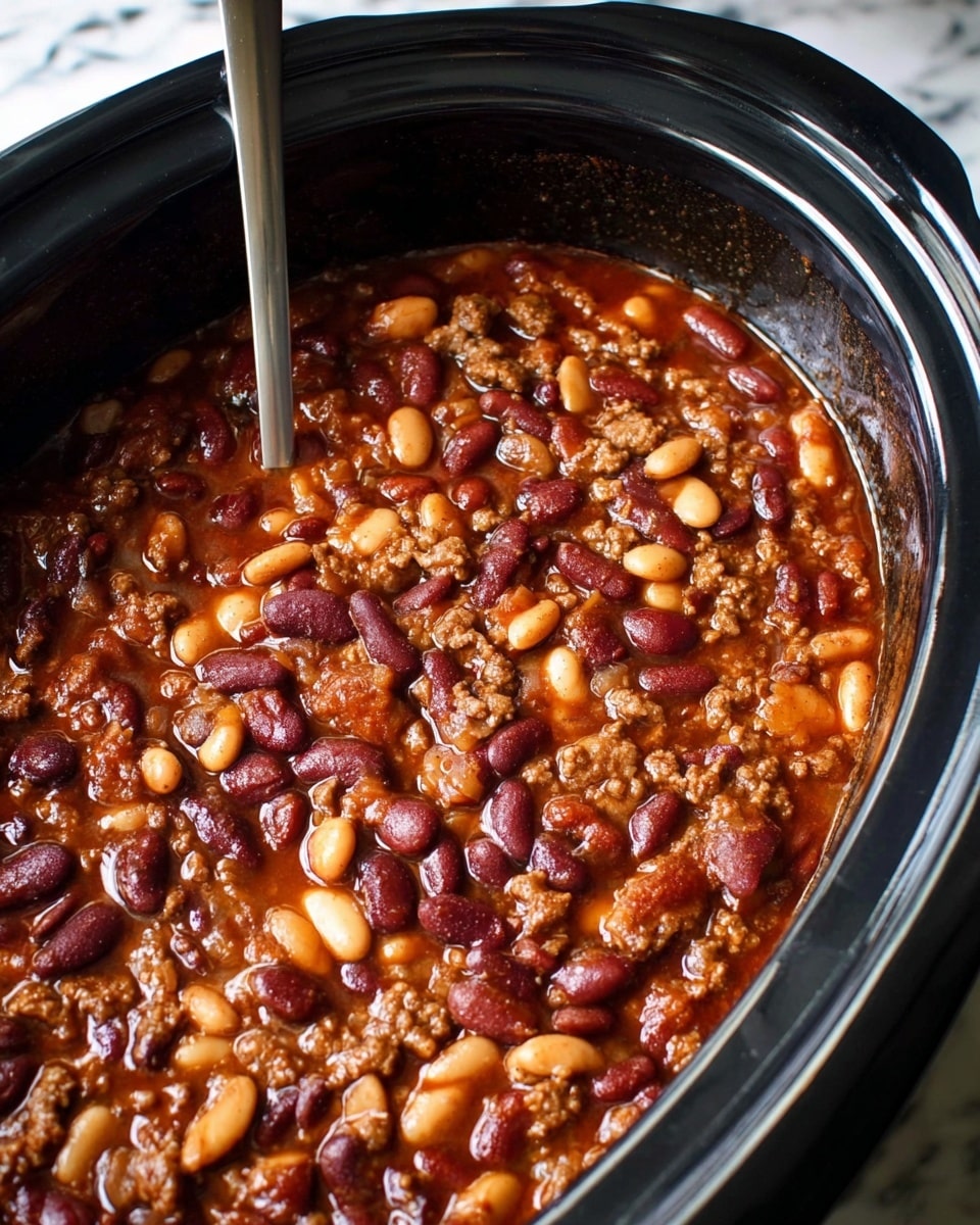 A close-up image of a slow cooker filled with rich chili, showing layers of dark red kidney beans and lighter beige beans mixed with small chunks of browned meat, all sitting in thick, deep reddish-brown sauce. The beans and meat are evenly spread, creating a dense texture with a shiny, slightly oily surface. The slow cooker is black with a glossy rim and a metallic spoon is partially immersed in the chili on the left side. The background has a white marbled texture. Photo taken with an iphone --ar 4:5 --v 7