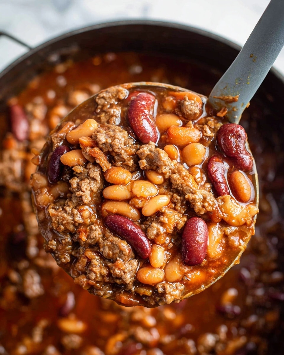 A close-up view of a large gray ladle filled with a hearty mix of baked beans and ground meat in a thick, reddish-brown sauce, with layers of light brown beans, dark red kidney beans, and chunks of browned meat all mixed together, held above a pot filled with the same stew showing more beans and meat in the background; the scene is set against a white marbled surface. photo taken with an iphone --ar 4:5 --v 7